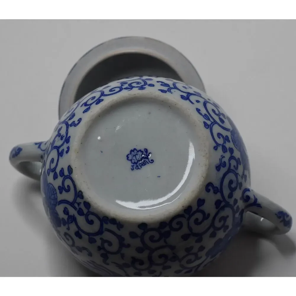 Vintage Blue & White Phoenix Fine Porcelain Sugar Lidded Bowl Japan